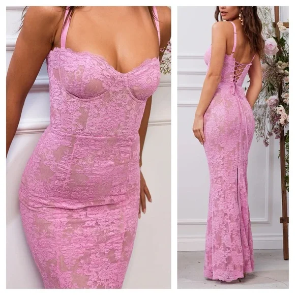 NWT V. Chapman Maxi Dress Ruby Gown Pink Lace Bustier Corset Wedding Guest sz 2 - Picture 1 of 10